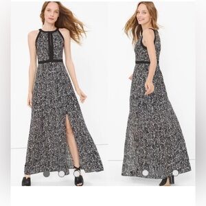 WHBM womens size 0 Printed Maxi Dress Black/White Sleeveless Grecian neck A-line